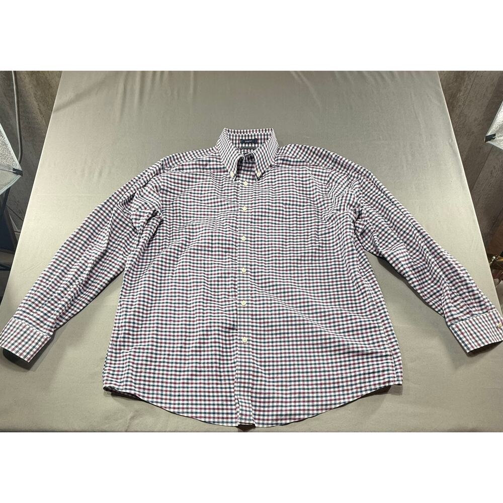 Dockers Battery Street Classic Fit Stretch Shirt Mens XL Plaid Burgundy Navy